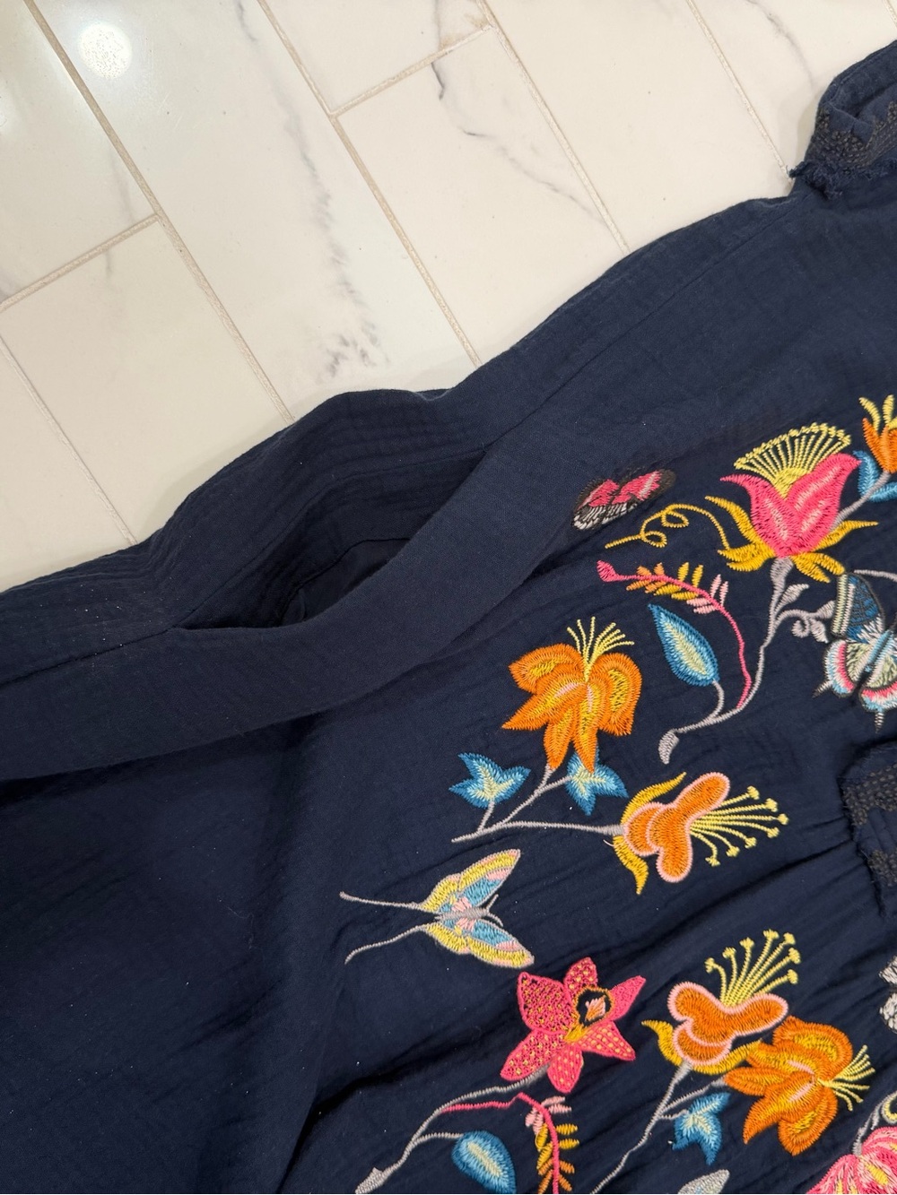 Johnny Was Biya Navy Embroidered Butterfly Floral Tunic Dress Medium - Picture 10 of 13